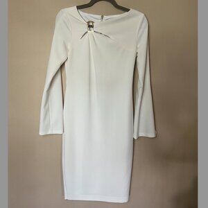 Calvin Klein Off-White Dress Size 4 Gold Keyhole Slit Flare Sleeve Cocktail Work